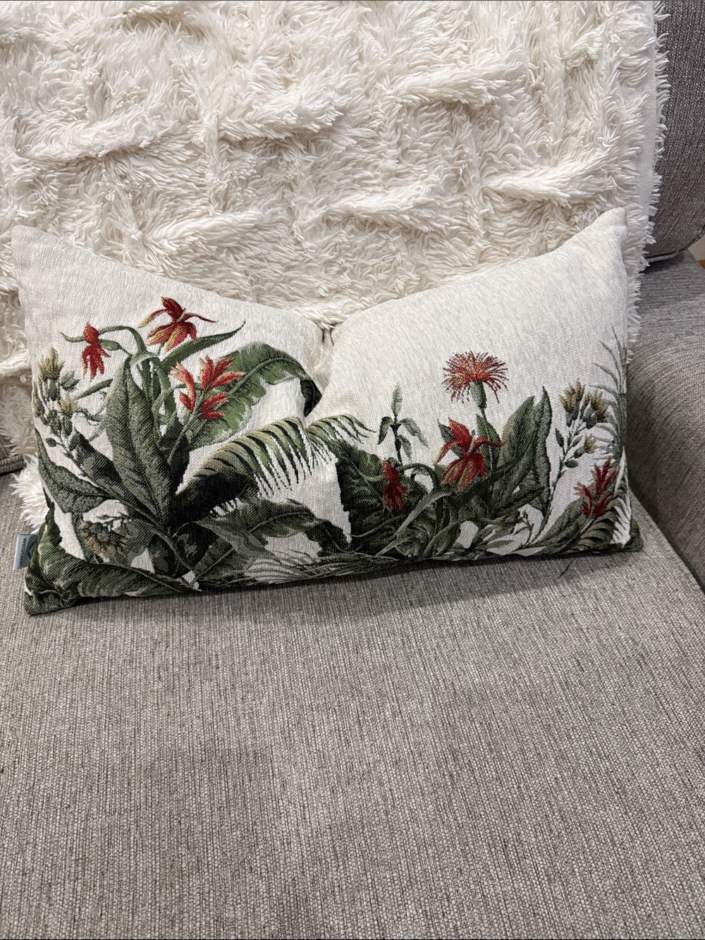 Botanical Floral Lumbar Pillow - Cream with Green & Red Accents soft tapestry.